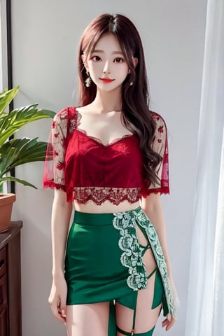 A beatiful woman, long hair, age 22 , focus legs, Lace top mini slit skirt, see_through:0.6, green top,red dress,Purple skirt