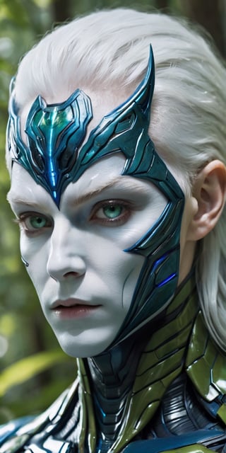 create a hyper realistic image of human looking allien emerging from symbiotic blue cacoon, up close, (((titanium white skin, pale skin))), white hair, blue veins on face, green big cat eyes, 8k, high detailed, sharp focus.,Extremely Realistic,Movie Still,Stylish,Man,Portrait,more detail XL,Sci-fi 