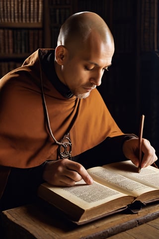 Detailed portrait of a Medieval Monk translating books shot, on Hasselblad 501c three point lighting Sci-Fi atmosphere,