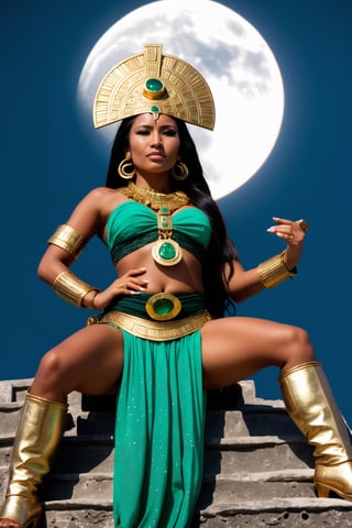 Gorgeous Mayan woman on top of a pyramid during a Solar eclipse, she is dresses with gold ad emeralds and her dark skin reflects the moon light,(PnMakeEnh),photo r3al