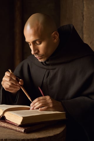 Detailed portrait of a Medieval Monk translating books shot, on Hasselblad 501c three point lighting Sci-Fi atmosphere,