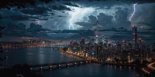 cyberpunk city, neon lights, buildings, scenery, cityscape, river, pedestrians, outdoor bars. Night scene, ultra realistic, highly detailed,black clouds,city silhouette,There is a lot of lightning everywhere in the city,10 lightning bolts,heavy rain