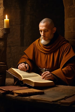 Detailed portrait of a Medieval Monk translating books shot, on Hasselblad 501c three point lighting Sci-Fi atmosphere,