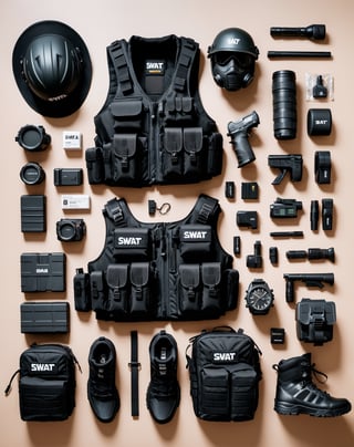 Photography, swat equipment, flat lay photography, object arrangement, knolling photography