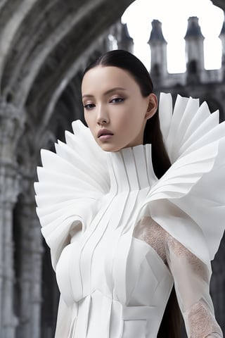 Neo-futuristic model wears white couture by Iris Van Herpen, , high-key photo, at an Austrial Castle background