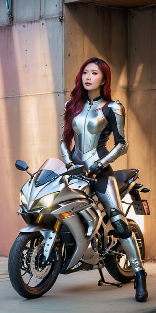 In a wide-angle composition, a young Korean girl sits astride a Kawasaki Ninja 400 motorcycle, nestled against a wall. She wears a stainless steel cybernetic bodysuit that accentuates her hourglass figure and sharp jawline. Soft lighting wraps around her face, highlighting the high nose bridge, doe eyes, plump lips, and delicate curves. The background is a blur of cluttered maximalism, while the subject exudes womancore confidence. Every detail, from the intricate cybernetic armor to the subtle texture of her hair, is rendered in hyperrealistic precision, inviting the viewer into this vibrant, prismatic world.,Wonder of Beauty