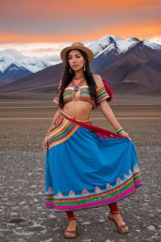 Create a full-body image featuring a woman representing the beauty and diversity of Bolivia. The woman should embody a random representative race, with a skin color and eye color that reflects the rich mosaic of ethnicities found in Bolivia. She should be dressed in traditional Bolivian clothing with a contemporary twist, blending elements from indigenous cultures like Aymara, Quechua, or Guarani with modern fashion sensibilities. The attire should be colorful and intricately designed, showcasing the intricate textiles and vibrant patterns typical of Bolivian craftsmanship.

Her posture should exude confidence and grace, with subtle hints of the country's cultural heritage in her stance. The background should depict a scene that captures the essence of Bolivia, such as the rugged landscapes of the Andes mountains, the sprawling expanse of the Salar de Uyuni salt flats, or the bustling markets of La Paz. The background should be filled with rich details that immerse the viewer in the unique sights and sounds of Bolivian life, whether it's the vibrant street art, traditional music, or the colorful festivities of local festivals.