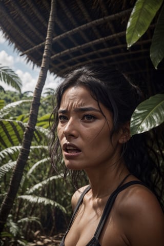 Portrait of a woman coming out of the Amazon jungle for the first time in her life and looking at civilization in shock, high_resolution facial expressions, 8k, realistic ,photorealistic