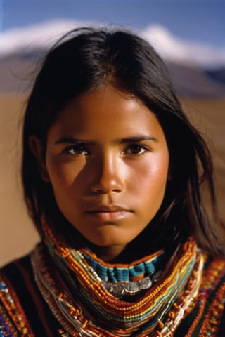 Detailed portrait of Beautiful Bolivian coya girl shot on Hasselblad 501c three point lighting Sci-Fi atmosphere,