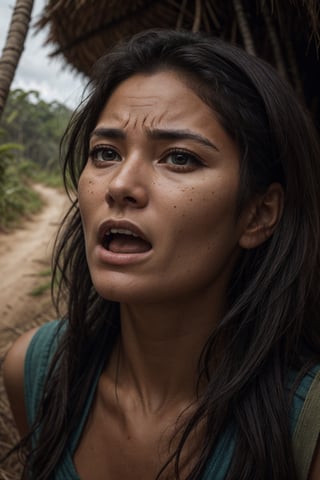 Portrait of a woman coming out of the Amazon jungle for the first time in her life and looking at civilization in shock, high_resolution facial expressions, 8k, realistic 