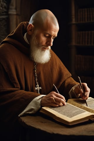 Detailed portrait of a Medieval Monk translating books shot, on Hasselblad 501c three point lighting Sci-Fi atmosphere,