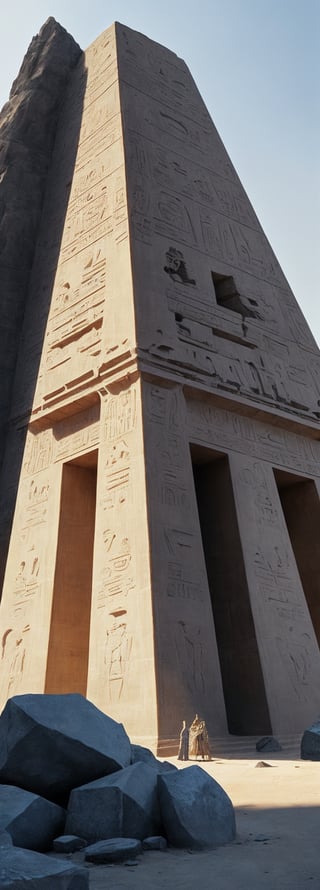 A monumental scene unfolds as an Egyptian architect's hands, adorned with ancient technology, grasp a soundwave device emitting pulsating blue lights. With levitation powers coursing through the device, the architect effortlessly suspends a massive granite rock above the pyramid's foundation, as if defying gravity. The sun casts its warm rays upon the ancient structure, highlighting the intricate hieroglyphics and majestic scale of this timeless wonder.