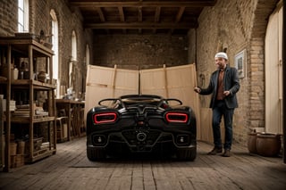 Create a captivating image portraying ((Leonardo da Vinci)) sculping a ((Pagani concept  car)) with wood and clay at his assembly atelier in Florence. Renaissance-style clothing from Leonardo da Vinci's era. This includes a doublet, high-collar shirt, colorful hose, codpiece, cloak, beret with feather, and leather shoes. Ensure historical accuracy and attention to clothing details. Renaissance ambient illuminated by candles. Deliver the image in the style of a movie still, with RAW photo format, full sharpness, and intricate facial details (highly detailed skin: 1.2). Ensure an 8k UHD resolution, shot with a DSLR and featuring soft lighting for a high-quality appearance. Incorporate a subtle film grain effect reminiscent of Fuji-film XT3s cameras, mature, wide angle, only candles or sun light