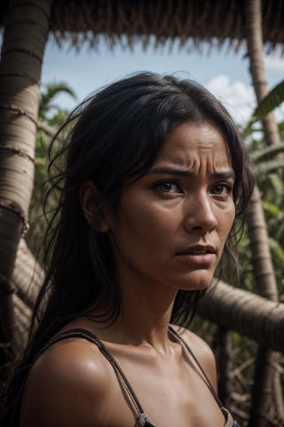 Portrait of a woman coming out of the Amazon jungle for the first time in her life and looking at civilization in shock, high_resolution facial expressions, 8k, realistic 