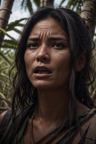 Portrait of a woman coming out of the Amazon jungle for the first time in her life and looking at civilization in shock, high_resolution facial expressions, 8k, realistic 