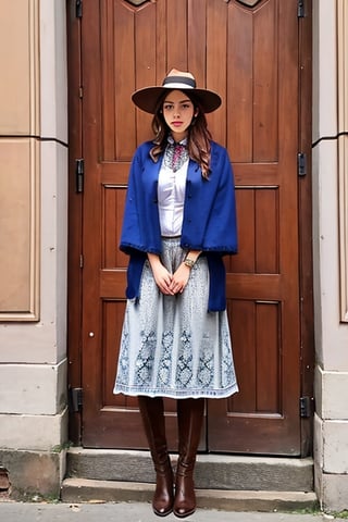 Inthe style of Milo Manara, a detailed portrait of Beautiful Argentina traditional gaucho girl shot, intricately detailed silver alpaca accesories, brown hat, full body, long brown hair, on a Buenos Aires Estancias entry gate