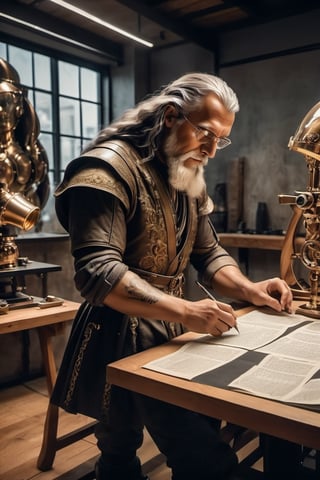 Create an engaging image of Leonardo da Vinci in Renaissance attire at his atelier. Show him inspecting a Pagani Zonda and takin notes. Produce a movie still-style image in RAW format with full sharpness, detailed facial features (skin: 1.2), and a subtle film grain effect, resembling Fuji-film XT3s cameras. Ensure a high-quality 8k UHD resolution, taken with a DSLR in soft lighting