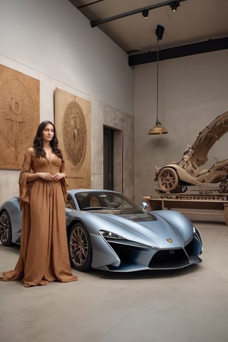 Create an image of Leonardo da Vinci in old Renaissance attire at his atelier designing a 2023 concept super-car in clay. Produce a movie still-style image in RAW format with full sharpness, detailed facial features (skin: 1.2), and a subtle film grain effect, resembling Fuji-film XT3s cameras. Ensure a high-quality 8k UHD resolution, taken with a DSLR in soft lighting