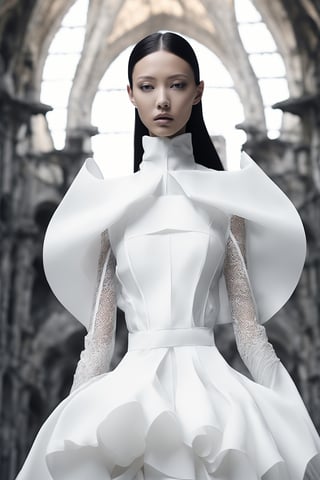 Neo-futuristic model wears white couture by Iris Van Herpen, , high-key photo, at an Austrial Castle background