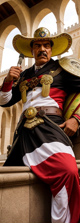 In a vibrant, sun-drenched Mexican landscape, Pancho Villa stands resolute in a reimagined Captain Americano suit, its bold colors of green, white, and red proudly on display. His hat, a fusion of  helmet and a traditional sombrero, rests atop his determined gaze. The Mexican eagle, devouring a serpent on his shield, symbolizes strength and resilience. Behind him, the rich cultural tapestry unfolds: vibrant textiles, colorful pottery, and ornate architecture blend harmoniously to amplify the scene's heroic and patriotic essence.