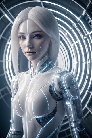  A porcelain cyborg with wispy white hair and skin etched with complex algorithms sits meditating in a hidden network tunnel. Their cybernetic fingers dance across holographic threads, manipulating data streams with ethereal grace. (cinematic, mystical, detailed)
,porcelain_art,photorealistic,Masterpiece