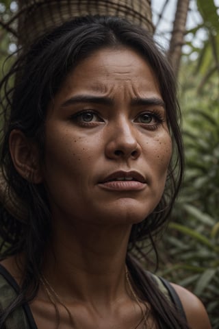 Portrait of a woman coming out of the Amazon jungle for the first time in her life and looking at civilization in shock, high_resolution facial expressions, 8k, realistic 