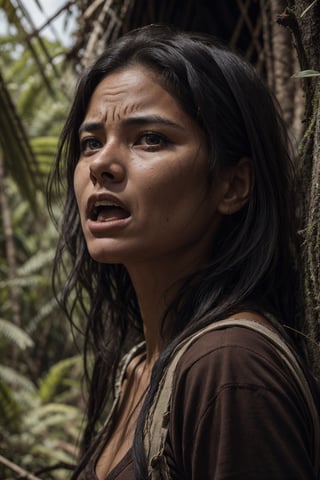 Portrait of a woman coming out of the Amazon jungle for the first time in her life and looking at civilization in shock, high_resolution facial expressions, 8k, realistic 