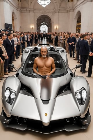 Create an engaging image of Leonardo da Vinci in Renaissance attire at a modern Pagani Zonda car assembly. Show him inspecting the vehicle and conversing with contemporary engineers, blending Renaissance genius with modern technology. Produce a movie still-style image in RAW format with full sharpness, detailed facial features (skin: 1.2), and a subtle film grain effect, resembling Fuji-film XT3s cameras. Ensure a high-quality 8k UHD resolution, taken with a DSLR in soft lighting