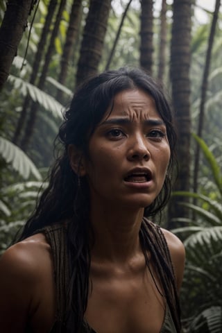 Portrait of a woman coming out of the Amazon jungle for the first time in her life and looking at civilization in shock, high_resolution facial expressions, 8k, realistic ,photorealistic