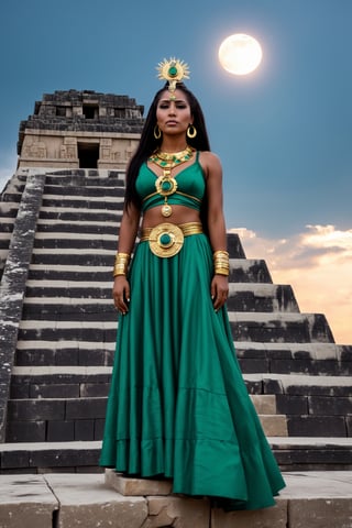 Gorgeous Mayan woman on top of a pyramid during a Solar eclipse, she is dresses with gold ad emeralds and her dark skin reflects the moon light,(PnMakeEnh),photo r3al