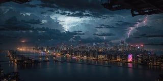 cyberpunk city, neon lights, buildings, scenery, cityscape, river, pedestrians, outdoor bars. Night scene, ultra realistic, highly detailed,black clouds,city silhouette,There is a lot of lightning everywhere in the city,10 lightning bolts,heavy rain