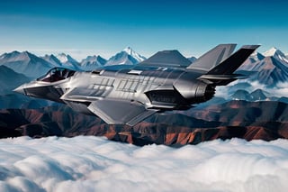 Realistic, in the style of a F-35, make a new military concept plane, flying low between the andes mountains, stealthtech 