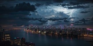 cyberpunk city, neon lights, buildings, scenery, cityscape, river, pedestrians, outdoor bars. Night scene, ultra realistic, highly detailed,black clouds,city silhouette,There is a lot of lightning everywhere in the city,10 lightning bolts,heavy rain