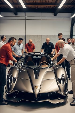 Make a picture of Leonardo da Vinci in Renaissance clothing at a modern Pagani Zonda car assembly. Show him checking the car and talking to the engineers. Create a movie still-style image in high quality with detailed facial features (skin: 1.2) and a subtle film grain effect, like Fuji-film XT3s cameras. Use soft lighting and an 8k UHD resolution shot with a DSLR