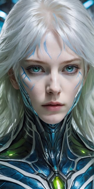 create a hyper realistic image of human looking allien emerging from symbiotic blue cacoon, up close, (((titanium white skin, pale skin))), white hair, blue veins on face, green big cat eyes, 8k, high detailed, sharp focus.,Extremely Realistic,Movie Still,Stylish,Man,Portrait,more detail XL,Sci-fi 