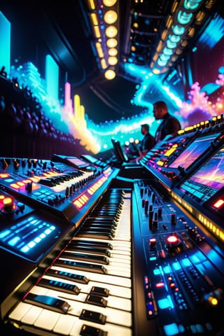 (masterpiece:1.2) (photorealistic:1.2) (bokeh) (best quality) (intricate details) (8k) (HDR) (cinematic lighting) (sharp focus) incredible dreamscape (impossible:1.2) Futuristic Korg Synthesizer, 88 key keyboard, 2 touchscreens, many knobs, 
,UraniumTech, a band like Fepeche mode giving a concert at the Allegiance Arena in Las Vegas