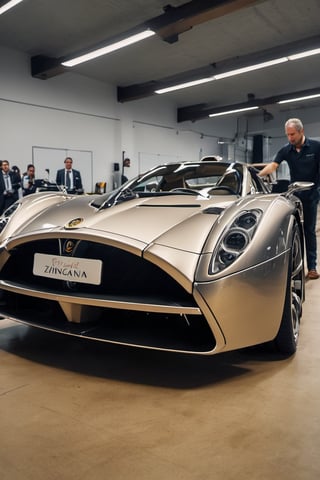 Make a picture of Leonardo da Vinci in Renaissance clothing at a modern Pagani Zonda car assembly. Show him checking the car and talking to the engineers. Create a movie still-style image in high quality with detailed facial features (skin: 1.2) and a subtle film grain effect, like Fuji-film XT3s cameras. Use soft lighting and an 8k UHD resolution shot with a DSLR