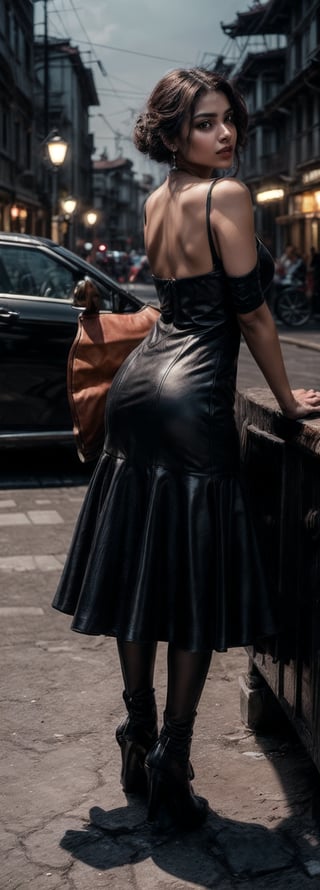 A stunning Hindu woman, 25 years old, stands confidently beside a sleek, light metallic Mercedes-Benz in the heart of old Shanghai's cityscape. Her raven-black hair cascades down her back as she wears a dazzling dress and a daring light orange leather mini-skirt, accentuating her curves. The urban backdrop is a kaleidoscope of neon signs, Chinese characters, and bustling vehicles, with a dense crowd adding to the excitement. Traditional elements blend seamlessly with modernity, evoking the city's rich heritage. The woman's pose exudes sophistication, as she strikes a confident stance in front of the luxurious car, bathed in high-contrast lighting that accentuates every detail. This black and white photograph is a masterpiece of vintage photography, radiating an air of exclusivity and glamour.