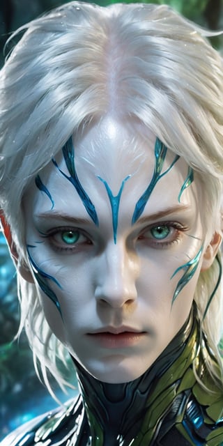 create a hyper realistic image of human looking allien emerging from symbiotic blue cacoon, up close, (((titanium white skin, pale skin))), white hair, blue veins on face, green big cat eyes, 8k, high detailed, sharp focus.,Extremely Realistic,Movie Still,Stylish,Man,Portrait,more detail XL,Sci-fi 