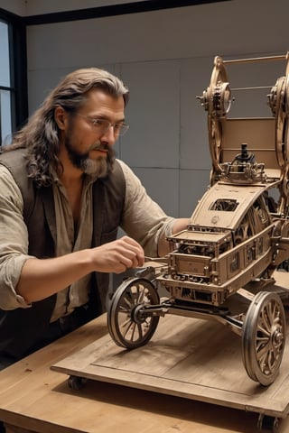 Create an engaging image of Leonardo da Vinci in Renaissance attire at his atelier. Show him inspecting the vehicle,  and takin notes. Produce a movie still-style image in RAW format with full sharpness, detailed facial features (skin: 1.2), and a subtle film grain effect, resembling Fuji-film XT3s cameras. Ensure a high-quality 8k UHD resolution, taken with a DSLR in soft lighting