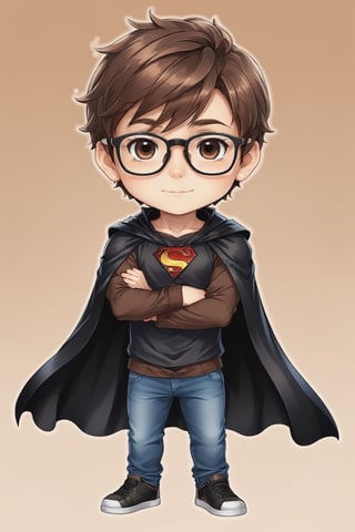 Chibi avatar with charisma and glasses like a YouTuber. Boy with brown hair. With a black cape.