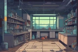 Devastated laboratory, , 2D game background,  street fighter, insane details,  intricate details,  hyperdetailed,  hdr,  faded,  pixel art,  background,  landscape,  standing zone for walking near the camera,background