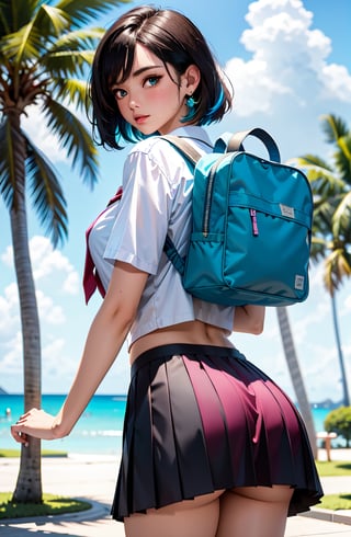 (best quality, masterpiece, perfect face, beautiful and aesthetic:1.2, colorful, 1highest detailed face),

1girl, aqua eyes, aqua hair, ass, autumn, bag, beach, black hair, black panties, blue sky, blurry, blurry background, blush, breasts, cloud, day, depth of field, lace, lace trim, looking at viewer, looking back, multicolored hair, outdoors, palm tree, panties, park, pleated skirt, pool, school bag, school uniform, short hair, shoulder bag, skirt, sky, solo, tree, underwear

(official art, extreme detailed, highest detailed)