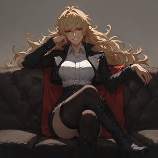 score_9, score_8_up, score_7_up,  score_6_up, score_5_up, score_9, score_8_up, score_7_up,1girl,{gilgamesh (immoral biker jacket) (fate), genderswap, genderswap mtf, red eyes, half-closed eyes, high detailed eyes, {{cinematic}}, {{anime screencap}}, {{{{very aesthetic, {best quality}, {high details, {cinematic}, anime screencap}}}}, collared jacket, cropped jacket, white shirt, very long hair, miniskirt, black skirt, eyelashes, thighboots, black footwear, looking at viewer, couch, on couch, sitting, crossed legs, hand on own cheek, grin, portrait,  