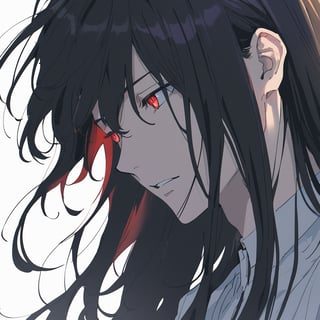 best quality, man,ultra detailed eyes,simple background, volumetric light, perfect ilumination, ultra details,1boy, long hair, (black hair),red eyes, 20s, white background,  artist: sincos, male focus