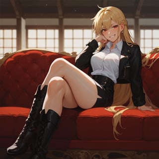 score_9, score_8_up, score_7_up,  score_6_up, score_5_up, score_9, score_8_up, score_7_up,1girl,{gilgamesh (immoral biker jacket) (fate), genderswap, genderswap mtf, red eyes, half-closed eyes, high detailed eyes, {{cinematic}}, {{anime screencap}}, {{{{very aesthetic, {best quality}, {high details, {cinematic}, anime screencap}}}}, collared jacket, cropped jacket, white shirt, very long hair, miniskirt, black skirt, eyelashes, thighboots, black footwear, looking at viewer, couch, on couch, sitting, crossed legs, hand on own cheek, grin, portrait,  