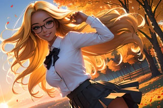 (best quality, masterpiece, perfect face, beautiful and aesthetic:1.2, colorful, dynamic angle, highest detailed face), (beautiful detailed breasts, topless, exposed breasts), 1girl, long straight blonde hair, big glasses, black rimmed glasses, happy smile,(wind blow up skirt, holding skirt up, no underwear, no panties), , micro mini pleated skirt, sunset, fall colors, beautiful trees, nature, flowers, windy, hair flowing in the wind, sun shinning through hair, high contrast, (official art, extreme detailed, highest detailed, natural skin texture, hyperrealism, soft light, sharp, perfect face)

