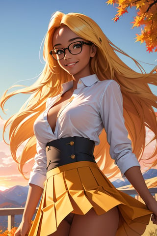 (best quality, masterpiece, perfect face, beautiful and aesthetic:1.2, colorful, dynamic angle, highest detailed face), (beautiful detailed breasts, topless, exposed breasts), 1girl, long straight blonde hair, big glasses, black rimmed glasses, happy smile,(wind blow up skirt, holding skirt up, no underwear, no panties), , micro mini pleated skirt, sunset, fall colors, beautiful trees, nature, flowers, windy, hair flowing in the wind, sun shinning through hair, high contrast, (official art, extreme detailed, highest detailed, natural skin texture, hyperrealism, soft light, sharp, perfect face)

