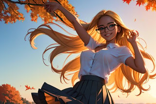 (best quality, masterpiece, perfect face, beautiful and aesthetic:1.2, colorful, dynamic angle, highest detailed face), (beautiful detailed breasts, topless, exposed breasts), 1girl, long straight blonde hair, big glasses, black rimmed glasses, happy smile,(wind blow up skirt, holding skirt up, no underwear, no panties), , micro mini pleated skirt, sunset, fall colors, beautiful trees, nature, flowers, windy, hair flowing in the wind, sun shinning through hair, high contrast, (official art, extreme detailed, highest detailed, natural skin texture, hyperrealism, soft light, sharp, perfect face)

