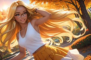 (best quality, masterpiece, perfect face, beautiful and aesthetic:1.2, colorful, dynamic angle, highest detailed face), (beautiful detailed breasts, topless, exposed breasts), 1girl, long straight blonde hair, big glasses, black rimmed glasses, happy smile,(wind blow up skirt, holding skirt up, no underwear, no panties), , micro mini pleated skirt, sunset, fall colors, beautiful trees, nature, flowers, windy, hair flowing in the wind, sun shinning through hair, high contrast, (official art, extreme detailed, highest detailed, natural skin texture, hyperrealism, soft light, sharp, perfect face)

